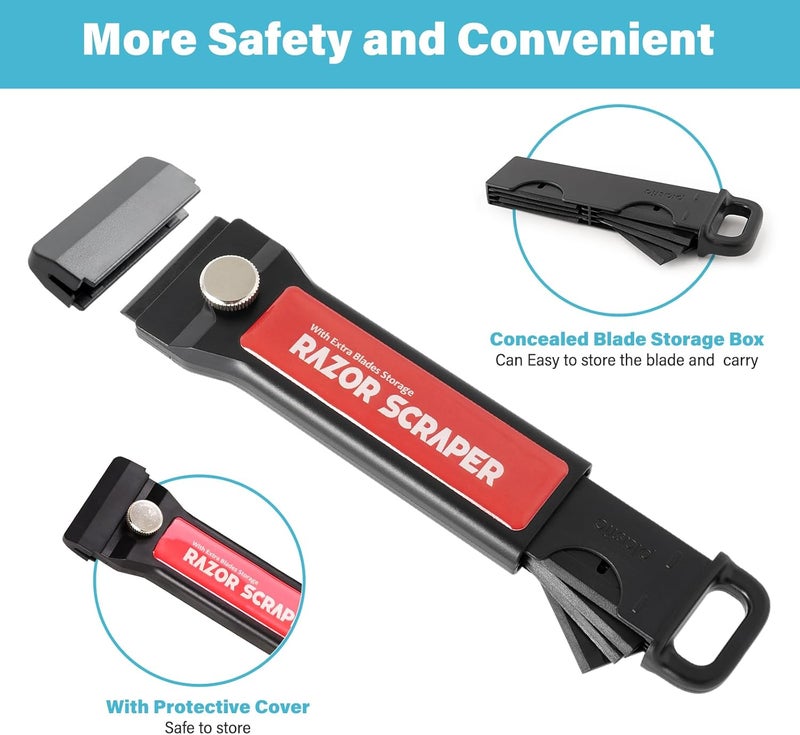 Gomake Plastic Razor Blade Scraper Tool with Blade Container 2PCS Razor Scraper with Extra 100PCS Plastic Blades for Adhesive Labels and Decals Sticker Removal on Car Window Glass Floor (W80) - Image 2